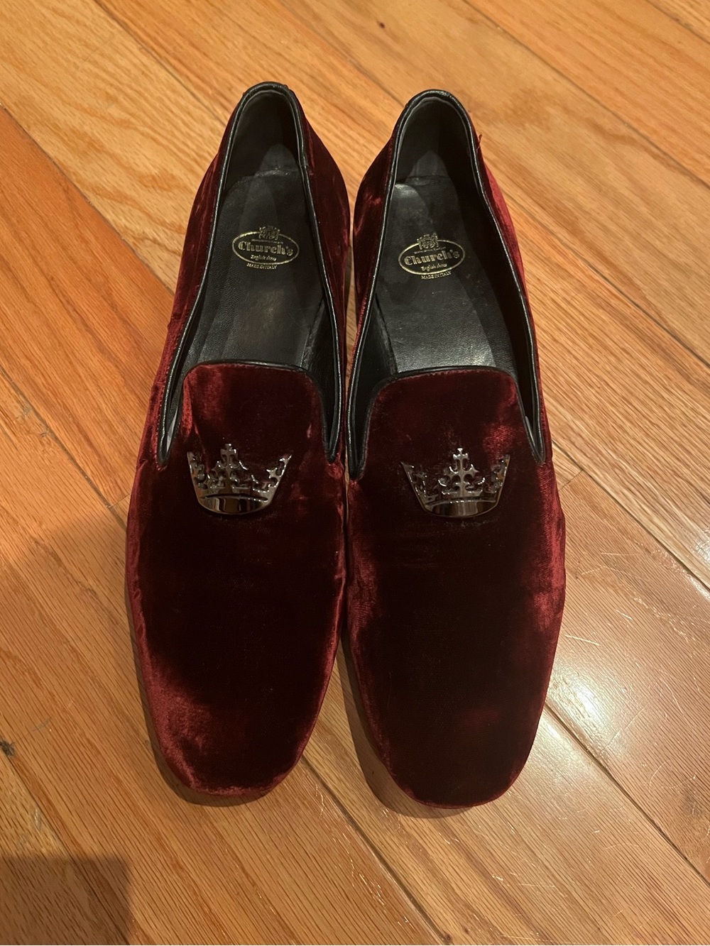 Church's Burgundy Velvet Slip-On Loafers with Crown Plaque size 40
